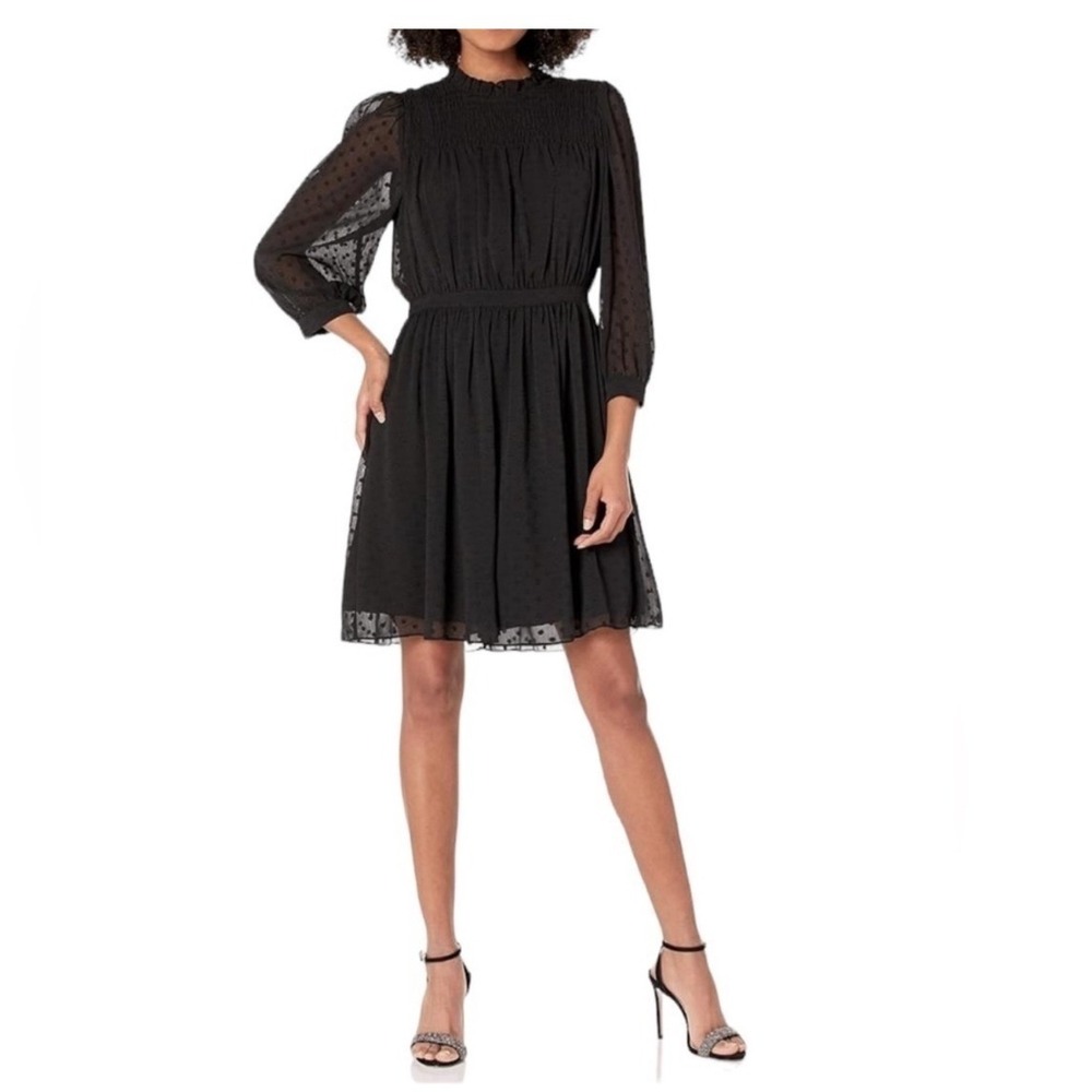 Rebecca Taylor Dress Black Mock Neck Smocked Ruffle Lace Preppy Formal Size 2
